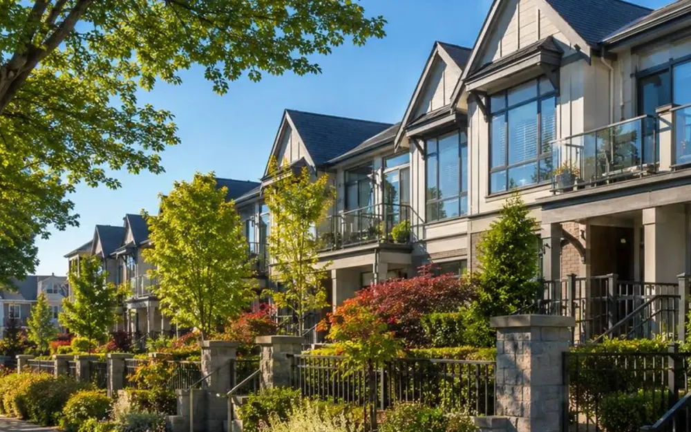 A gabled townhouse row with glass balconies and stone gate posts on the street